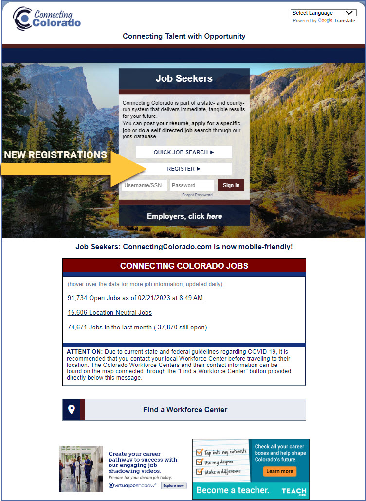 Screenshot of Connecting Colorado Landing Page