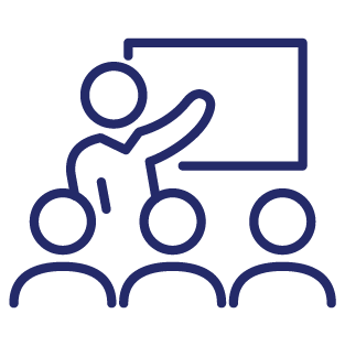 Icon of a speaker and white board addressing a group of peope. 