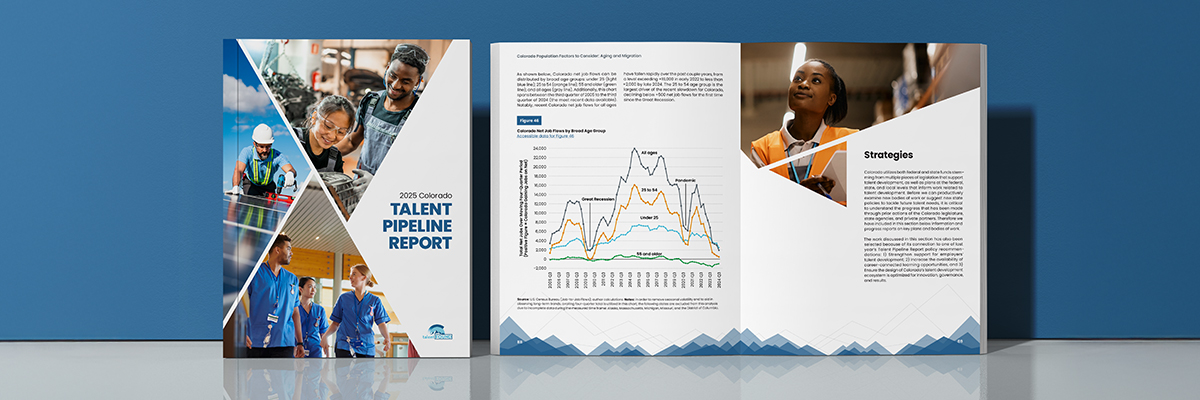 The cover page of the 2025 Talent Pipeline Report is shown next to an interior page of the report.
