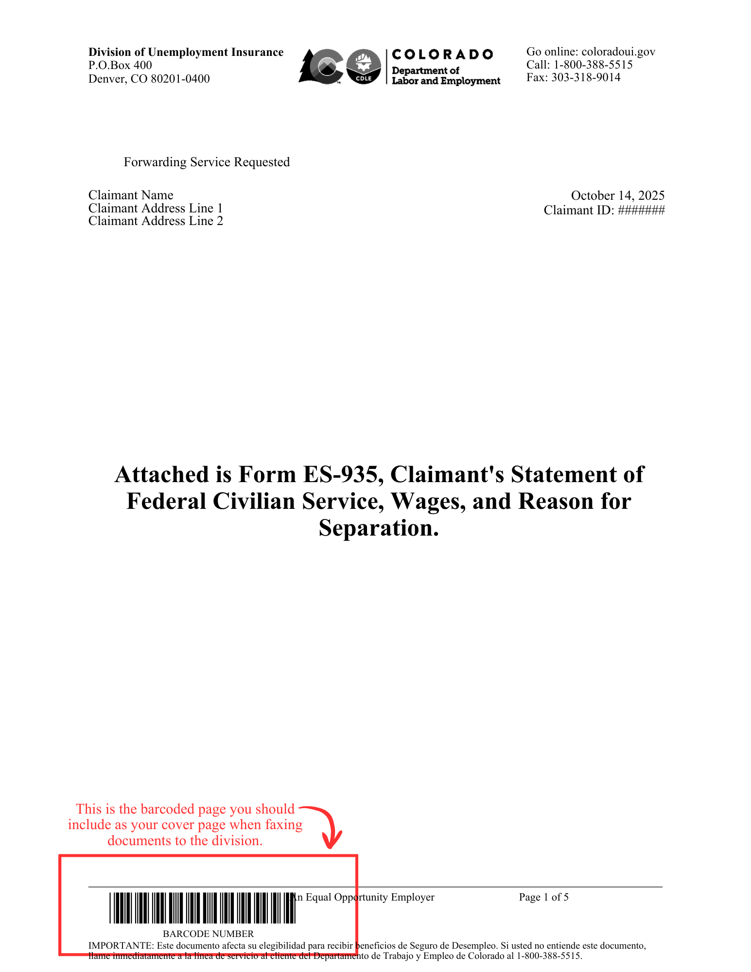 Form showing the barcode identifier on an ES-935 wage form