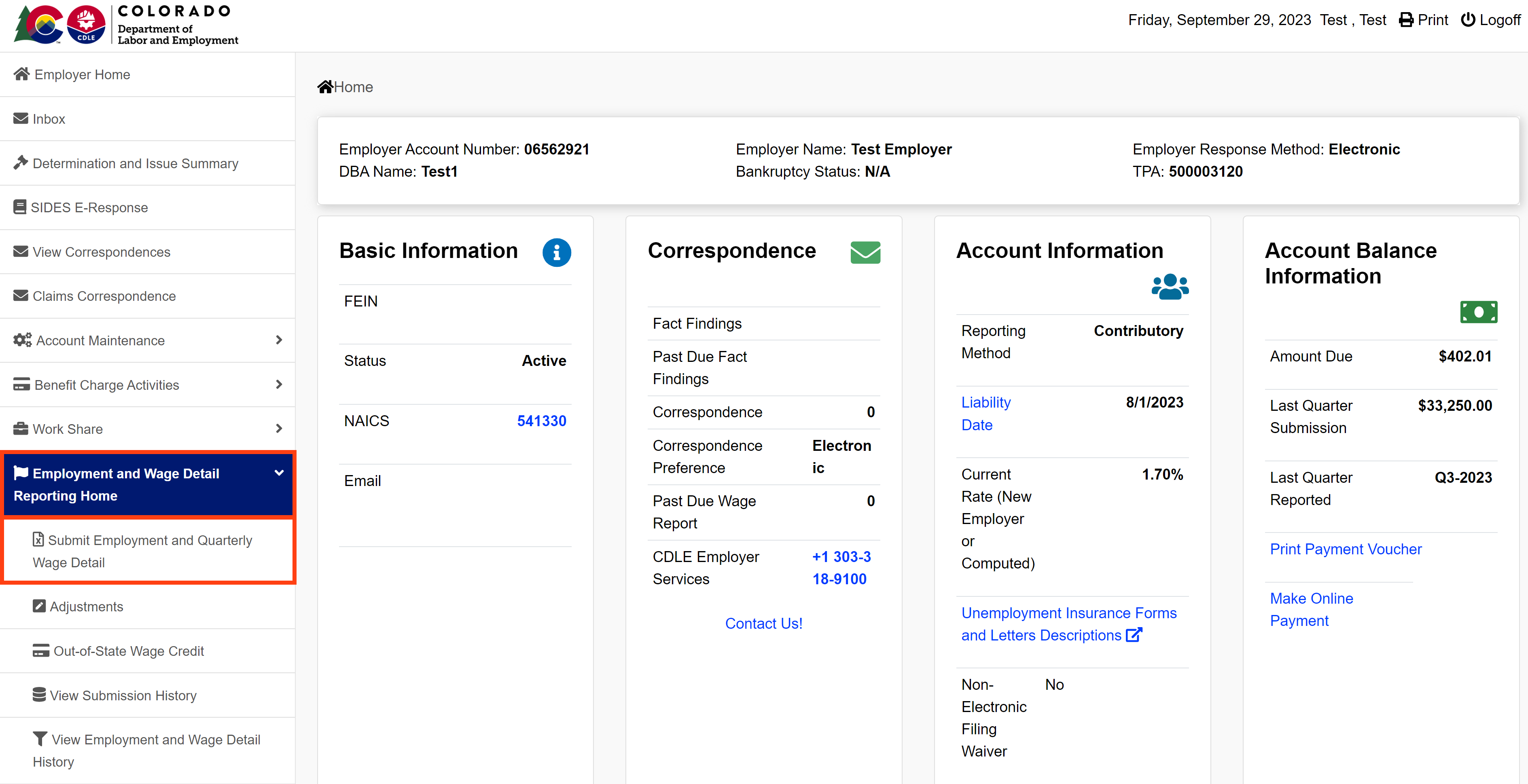MyUI Employer+ home page with the "Employment and Wage Detail Reporting Home" menu tab highlighted.