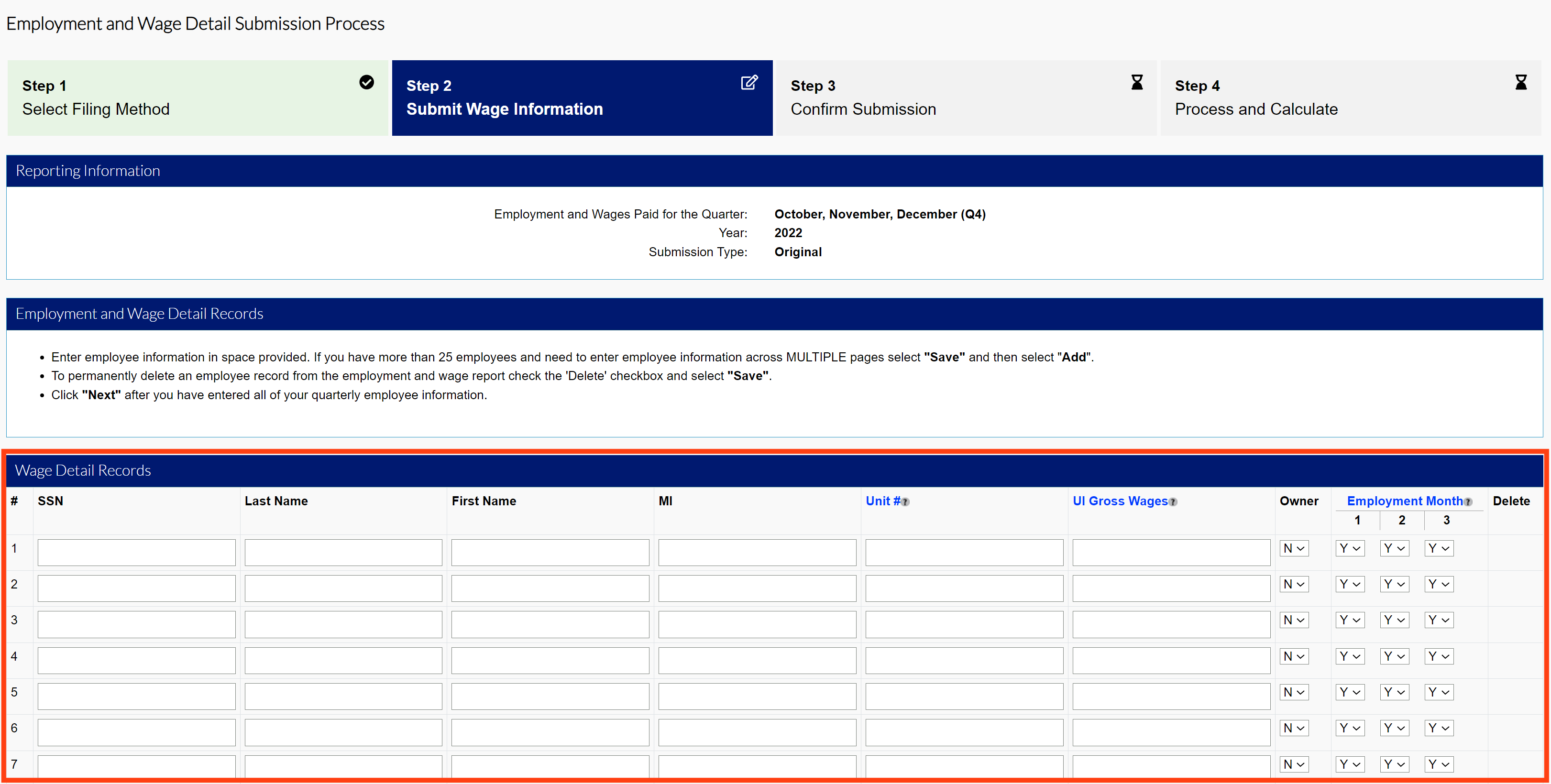 Submit Wage Information screen with Wage Detail Records table highlighted.